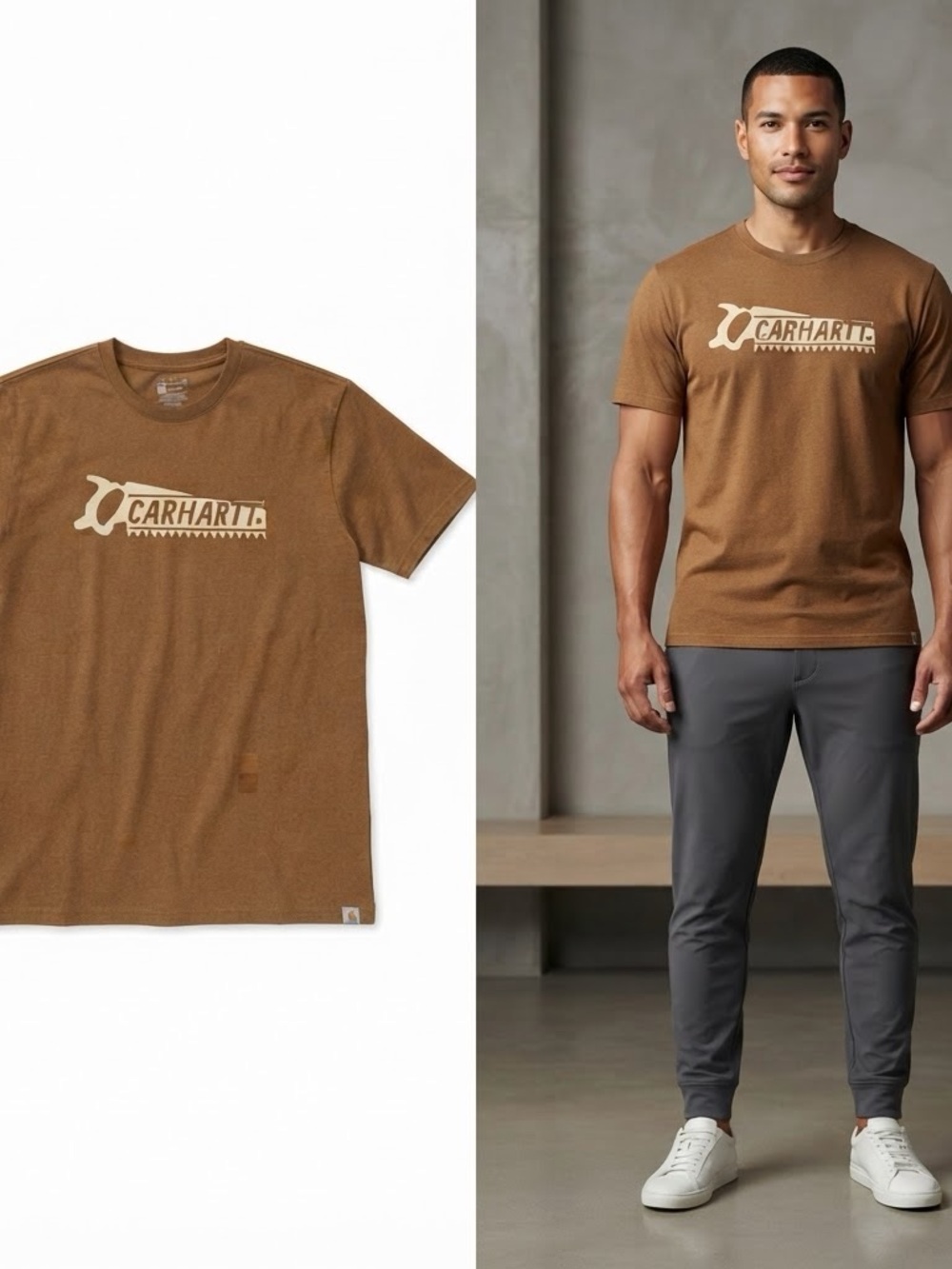 Carhartt Brown Short-Sleeve Logo Tee with Cream Graphic XL